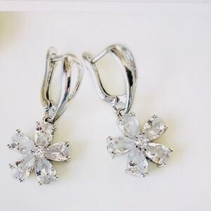 White Sapphire Flower Dangle Earrings